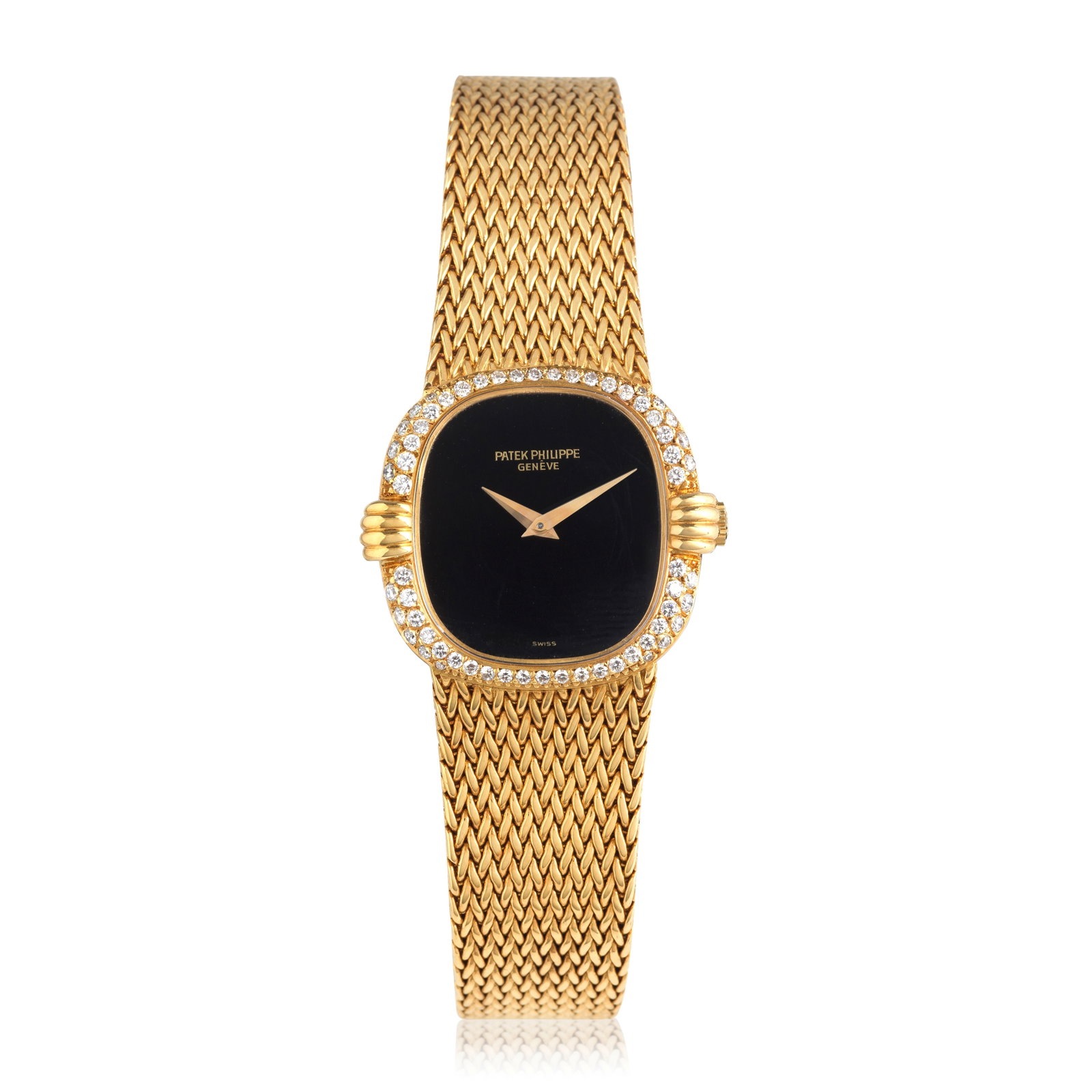 Patek Phillipe. A lady's 18K gold diamond set manual wind bracelet watch with onyx dial Ref: 433...: Patek Phillipe. A lady's 18K gold diamond set manual wind bracelet watch with onyx dial Reference: 4331/001 Date: Purchased 16th June 1980 Movement: 18-jewel Cal.16-250 manual wind, adjusted to heat, 