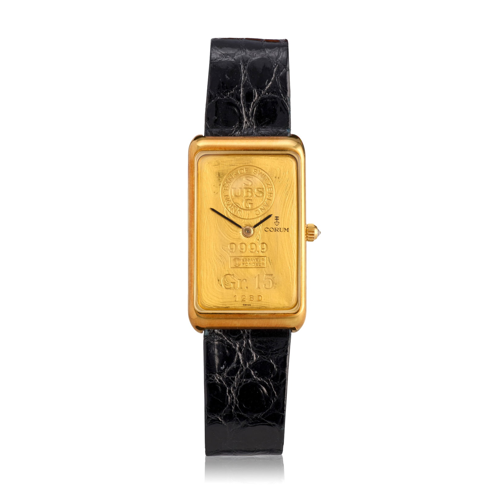 Corum. An 18K gold manual wind rectangular ingot wristwatch Ingot, Ref: 55400, Purchased 6th Nov...: Corum. An 18K gold manual wind rectangular ingot wristwatch Model: Ingot Reference: 55400 Date: Purchased 6th Nov 1978 Movement: 18-jewel manual wind, adjusted to three positions, No.170265 Dial: Comp