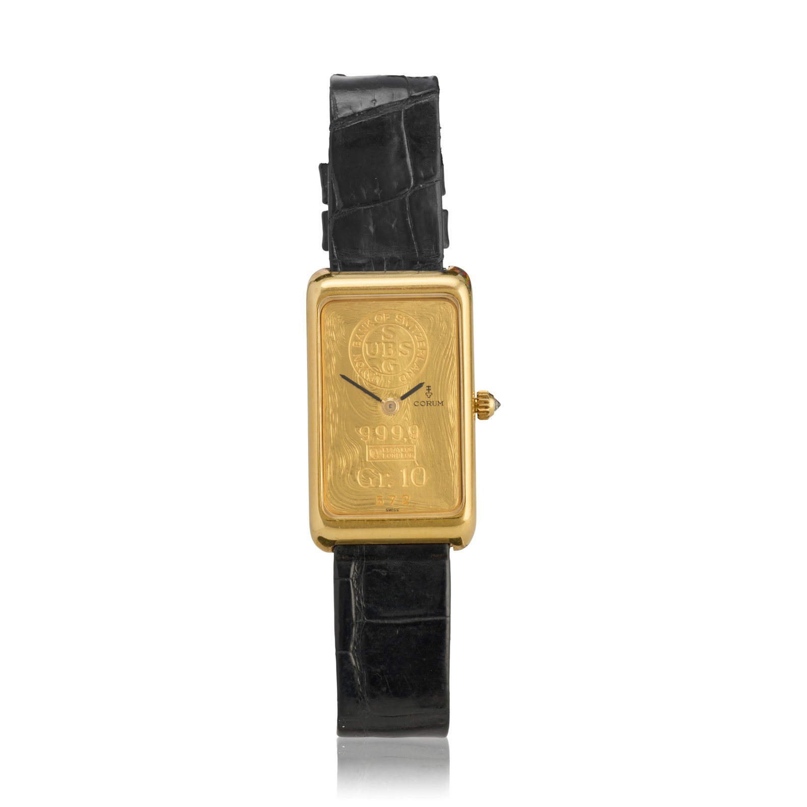Corum. An 18K gold manual wind rectangular ingot wristwatch Ingot, Ref: 14400, Circa 1980: Corum. An 18K gold manual wind rectangular ingot wristwatch Model: Ingot Reference: 14400 Date: Circa 1980 Movement: 18-jewel Cal.846 manual wind, adjusted to 5 positions, No.167942 Dial: Composed of 