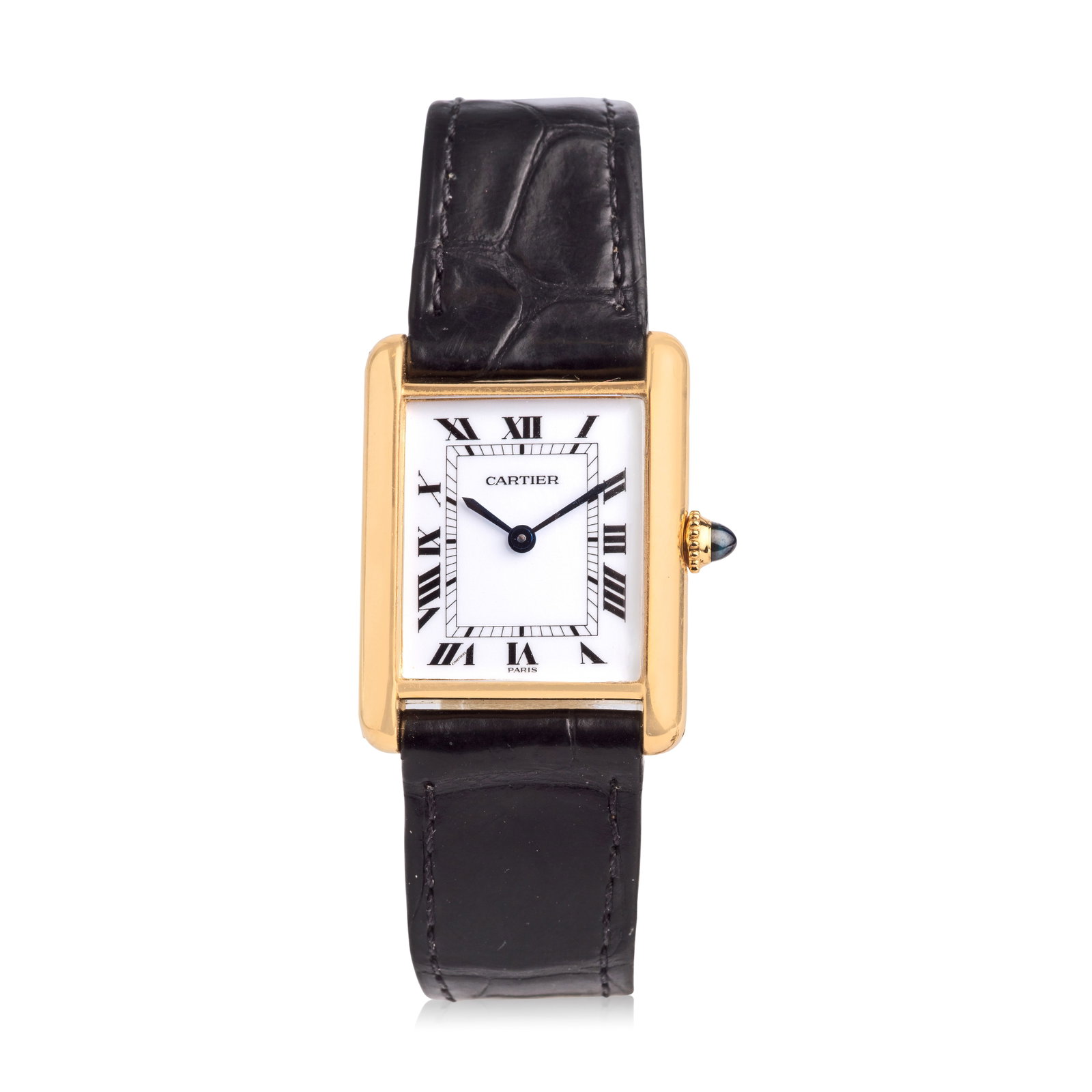 Cartier. An 18K gold manual wind wristwatch Tank, Circa 1975: Cartier. An 18K gold manual wind wristwatch Model: Tank Date: Circa 1975 Movement: 17-jewel Cal.78-1 manual wind Dial: White enamel, black Roman numeral hour markers, secret signature at 7, black inne