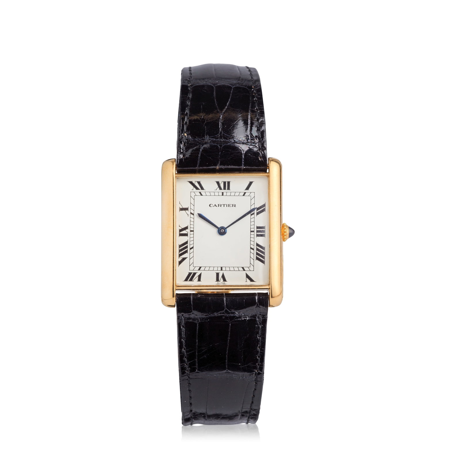Cartier. An 18K gold automatic rectangular wristwatch Tank Louis, Circa 1980: Cartier. An 18K gold automatic rectangular wristwatch Model: Tank Louis Date: Circa 1980 Movement: 17-jewel Cal.2670 automatic patented by ETA Dial: White, black Roman numerals, black inner minute tra