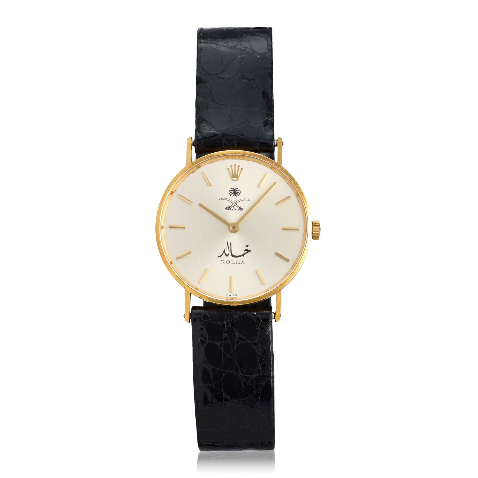 Rolex. A rare and unusual 18K gold manual wind wristwatch Cellini 'Prince Khalid', Ref: 3833, ...: Rolex. A rare and unusual 18K gold manual wind wristwatch Model: Cellini 'Prince Khalid' Reference: 3833 Date: Circa 1976 Movement: 19-jewel Cal.1600 manual wind Dial: Sunburst silvered, applied gilt 