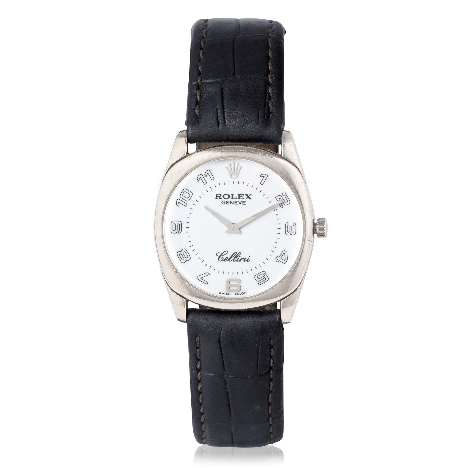 Rolex. An 18K white gold manual wind wristwatch Cellini , Ref: 4233, Circa 1990: Rolex. An 18K white gold manual wind wristwatch Model: Cellini Reference: 4233 Date: Circa 1990 Movement: 20-jewel Cal.1602 manual wind, adjusted to 4 positions Dial: White, black Arabic numeral hour 
