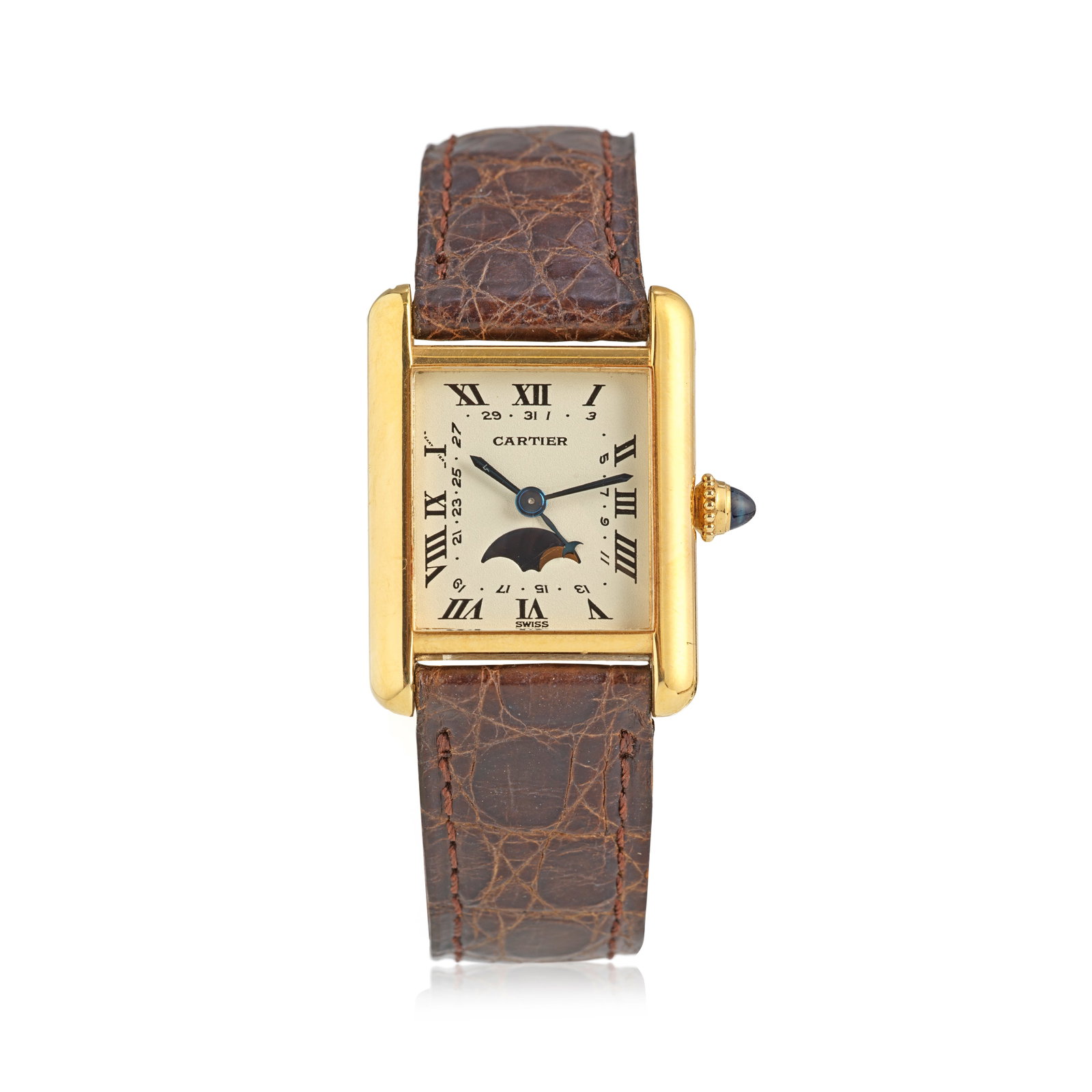 Cartier. An 18K gold quartz rectangular calendar wristwatch with moon phase Tank Louis Phase de...: Cartier. An 18K gold quartz rectangular calendar wristwatch with moon phase Model: Tank Louis Phase de Lune Reference: 8190 Date: Circa 1990 Movement: 7-jewel Cal.18 quartz Dial: White, black Roman nu