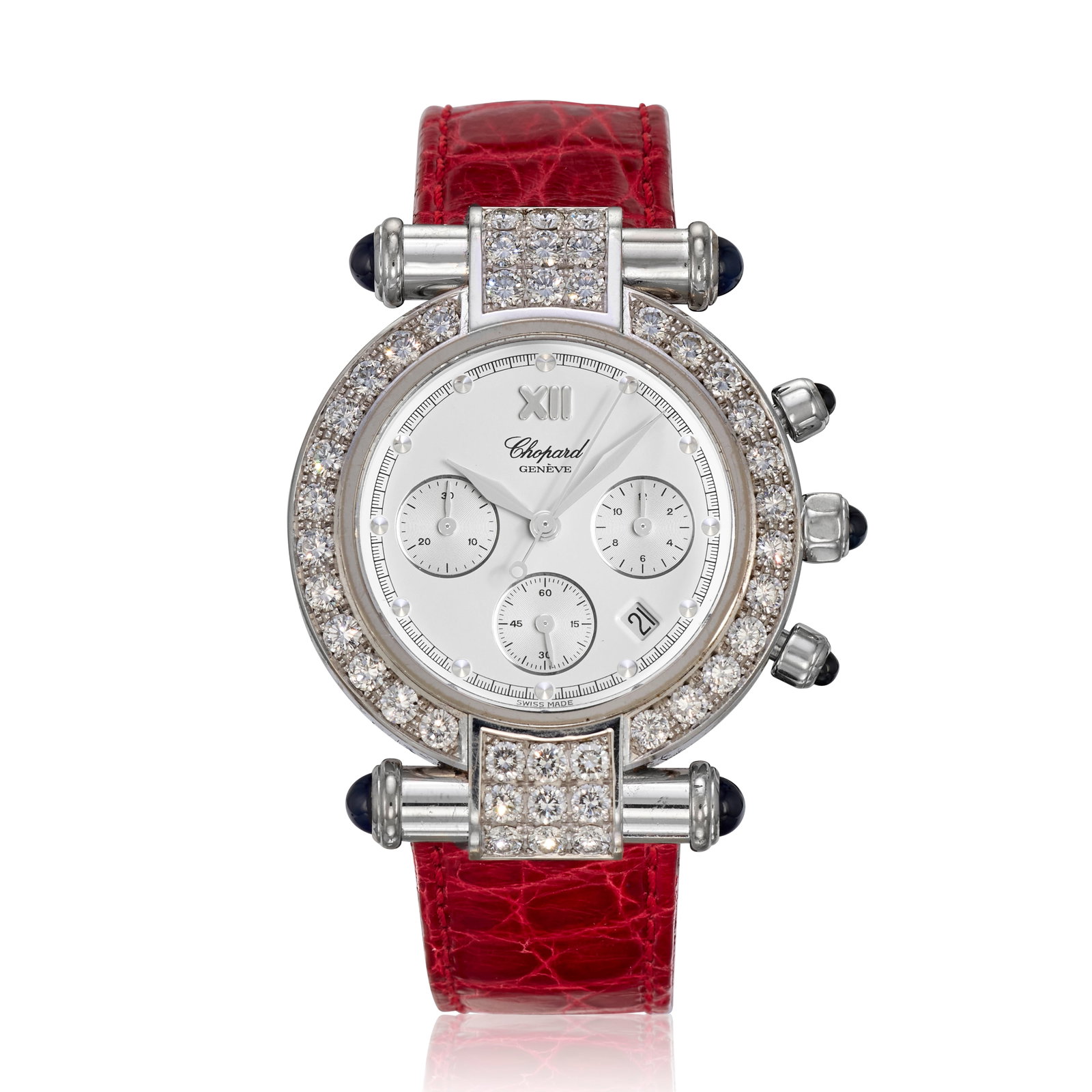 Chopard. An 18K white gold diamond set quartz calendar chronograph wristwatch Imperiale Chronog...: Chopard. An 18K white gold diamond set quartz calendar chronograph wristwatch Model: Imperiale Chronograph Reference: 1215 Date: Purchased 4th June 1997 Movement: Jewelled quartz Dial: Silvered, appli