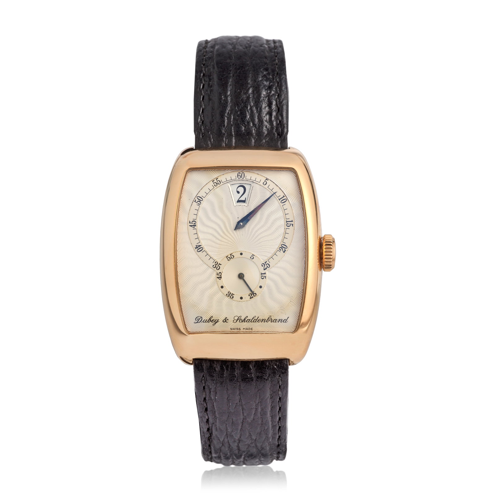 Dubey & Schaldenbrand. A Limited Edition 18K rose gold manual wind jump hour wristwatch Jump Ho...: Dubey & Schaldenbrand. A Limited Edition 18K rose gold manual wind jump hour wristwatch Model: Jump Hour, No.70/100 Date: Circa 2000 Movement: 17-jewel Cal.1946 manual wind Dial: Guilloché engrav