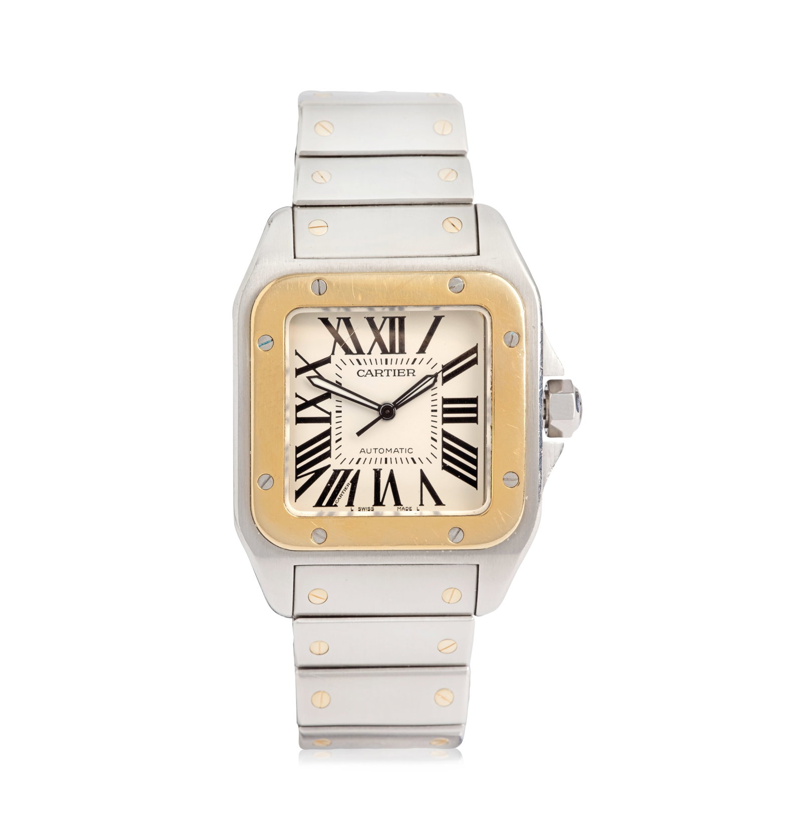 Cartier. A stainless steel and gold automatic bracelet watch Santos 100, Ref: 2656, Circa 2000: Cartier. A stainless steel and gold automatic bracelet watch Model: Santos 100 Reference: 2656 Date: Circa 2000 Movement: 21-jewel Cal.049 automatic, No.292505 Dial: White, black Roman numeral hour ma