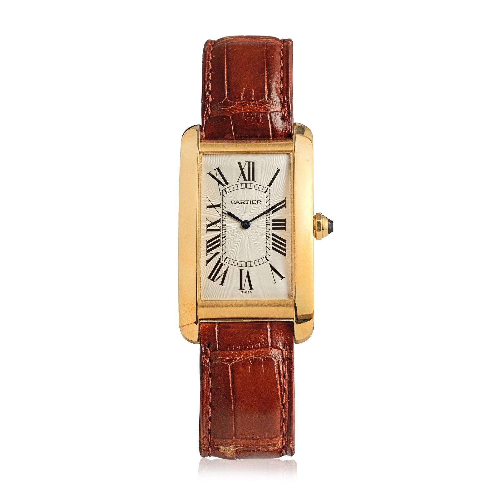 Cartier. An 18K rose gold manual wind rectangular wristwatch Tank Americaine, Ref: 1735 1, Circa...: Cartier. An 18K rose gold manual wind rectangular wristwatch Model: Tank Americaine Reference: 1735 1 Date: Circa 2010 Movement: 18-jewel Cal.430 MC manual wind Dial: Guilloche engraved silvered, blac