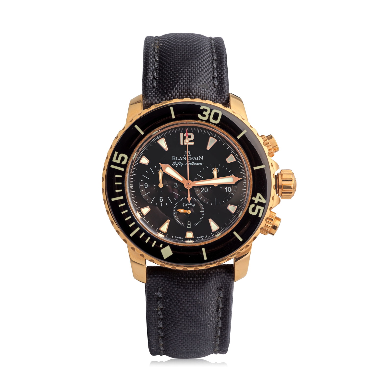 Blancpain. An 18K rose gold automatic flyback chronograph calendar wristwatch Fifty Fathoms Chr...: Blancpain. An 18K rose gold automatic flyback chronograph calendar wristwatch Model: Fifty Fathoms Chronographe Flyback Reference: 5085F 3630 52B, No.32 Date: Circa 2007 Movement: 37-jewel Cal.F185 au