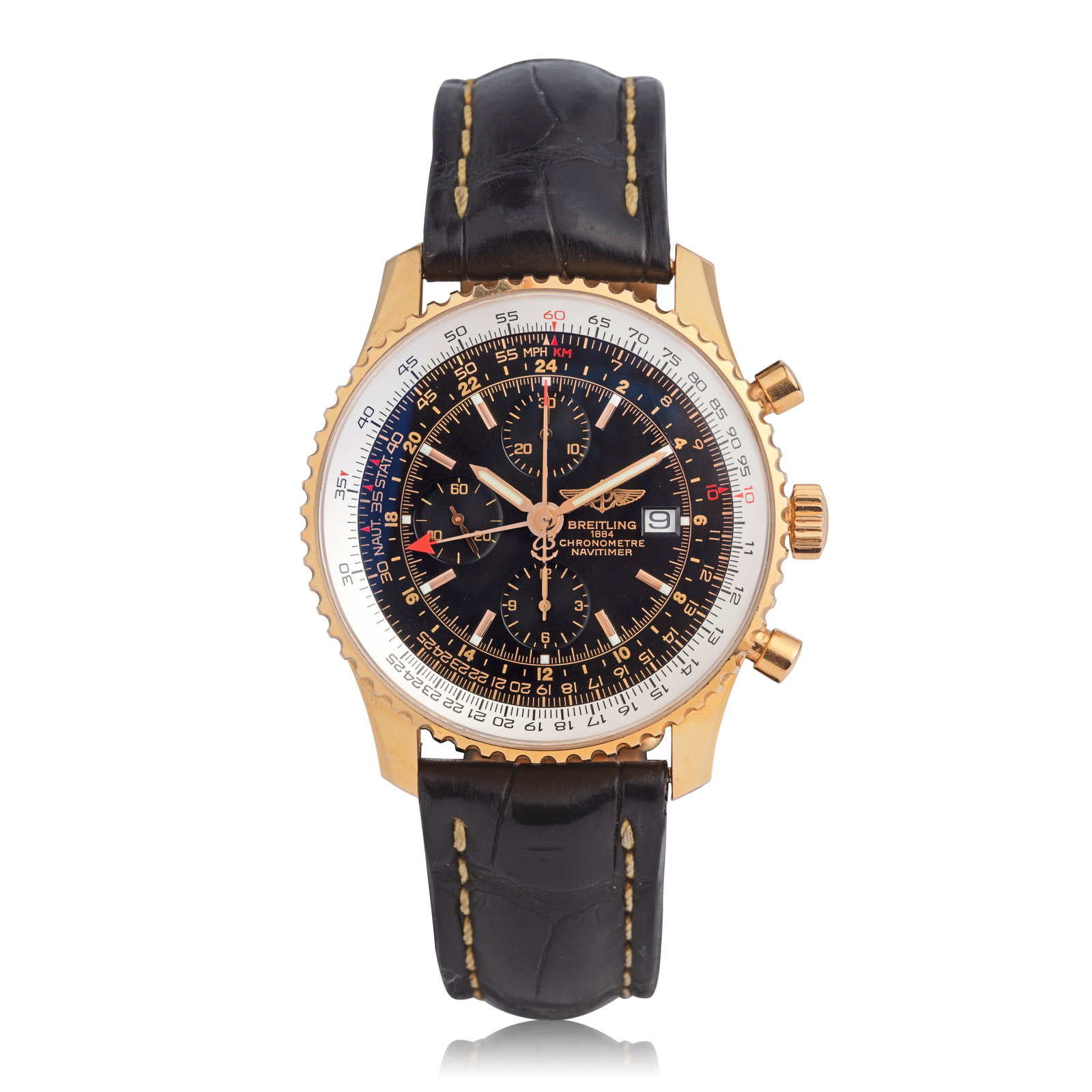 Breitling. A Limited Edition 18K rose gold automatic calendar chronograph wristwatch with dual t...: Breitling. A Limited Edition 18K rose gold automatic calendar chronograph wristwatch with dual time indication Model: Navitimer Reference: R24322, No.207/500 Date: Purchased 23rd February 2007 Movemen