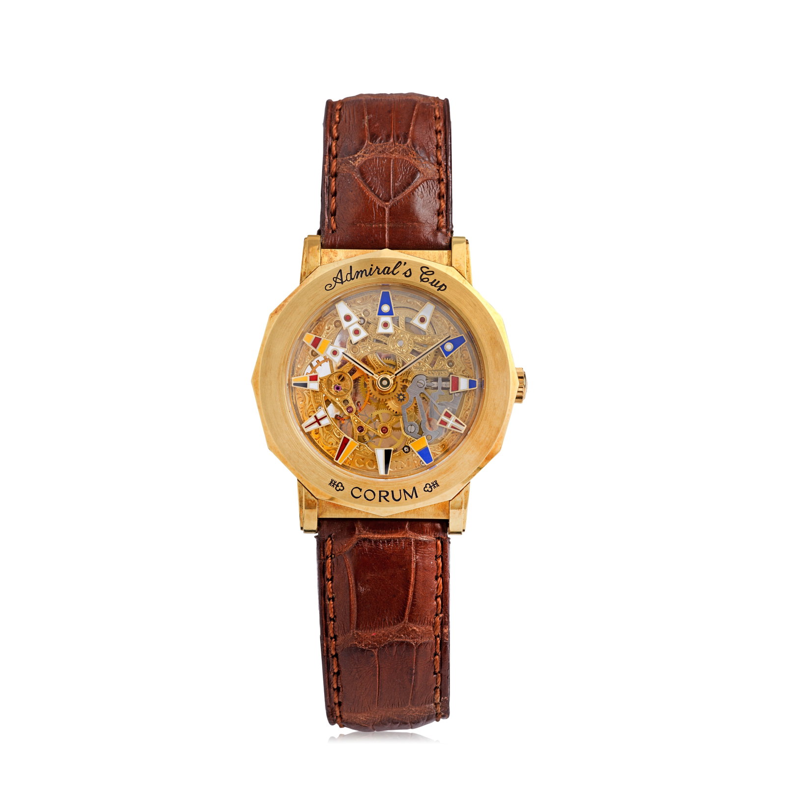Corum. A Limited Edition 18K gold skeletonised manual wind wristwatch Admiral's Cup, Ref: 266.8...: Corum. A Limited Edition 18K gold skeletonised manual wind wristwatch Model: Admiral's Cup Reference: 266.830.56, No.8/100 Date: Circa 2000 Movement: Jewelled manual wind Dial: Skeletonised dial with 