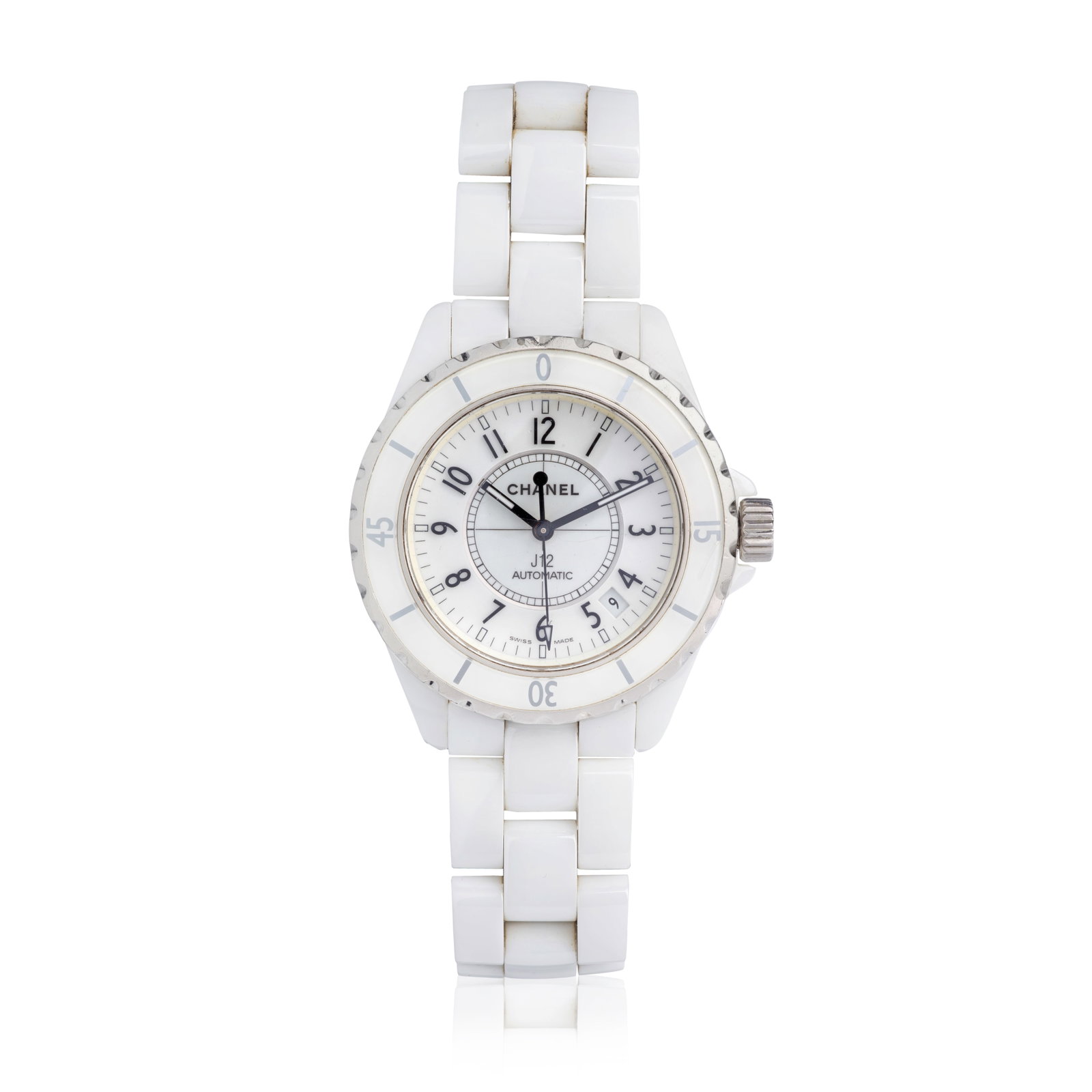 Chanel. A white ceramic and stainless steel automatic calendar bracelet watch J12, Ref: H0970, ...: Chanel. A white ceramic and stainless steel automatic calendar bracelet watch Model: J12 Reference: H0970 Date: Purchased 23rd July 2007 Movement: 21-jewel ETA Cal.2892-A2 automatic Dial: White, black