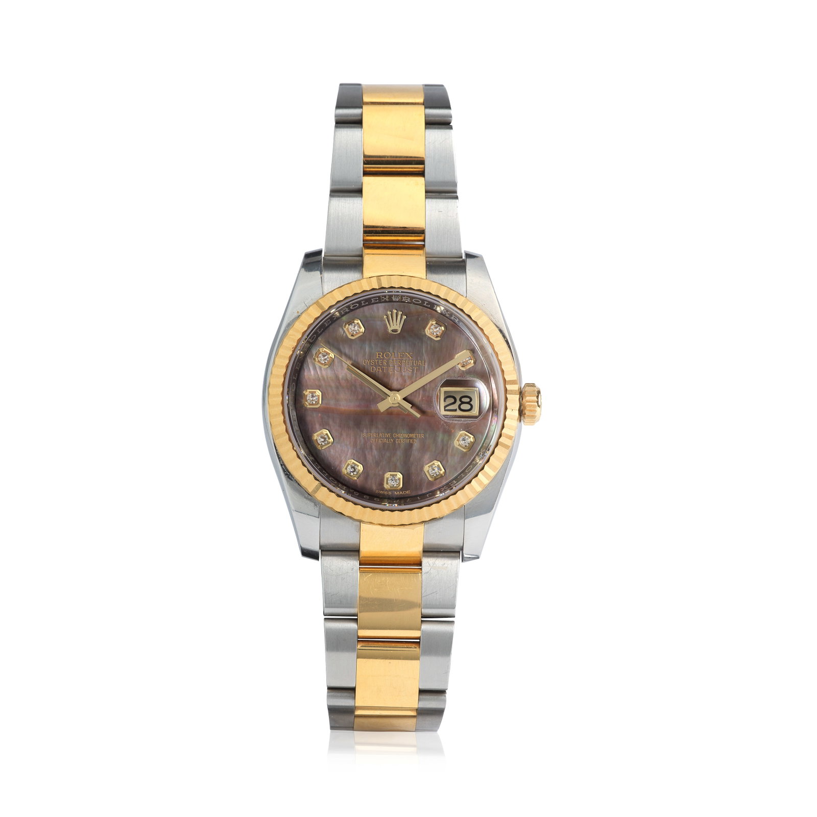 Rolex. A stainless steel and gold diamond set automatic calendar bracelet watch with black mothe... (1 of 1)