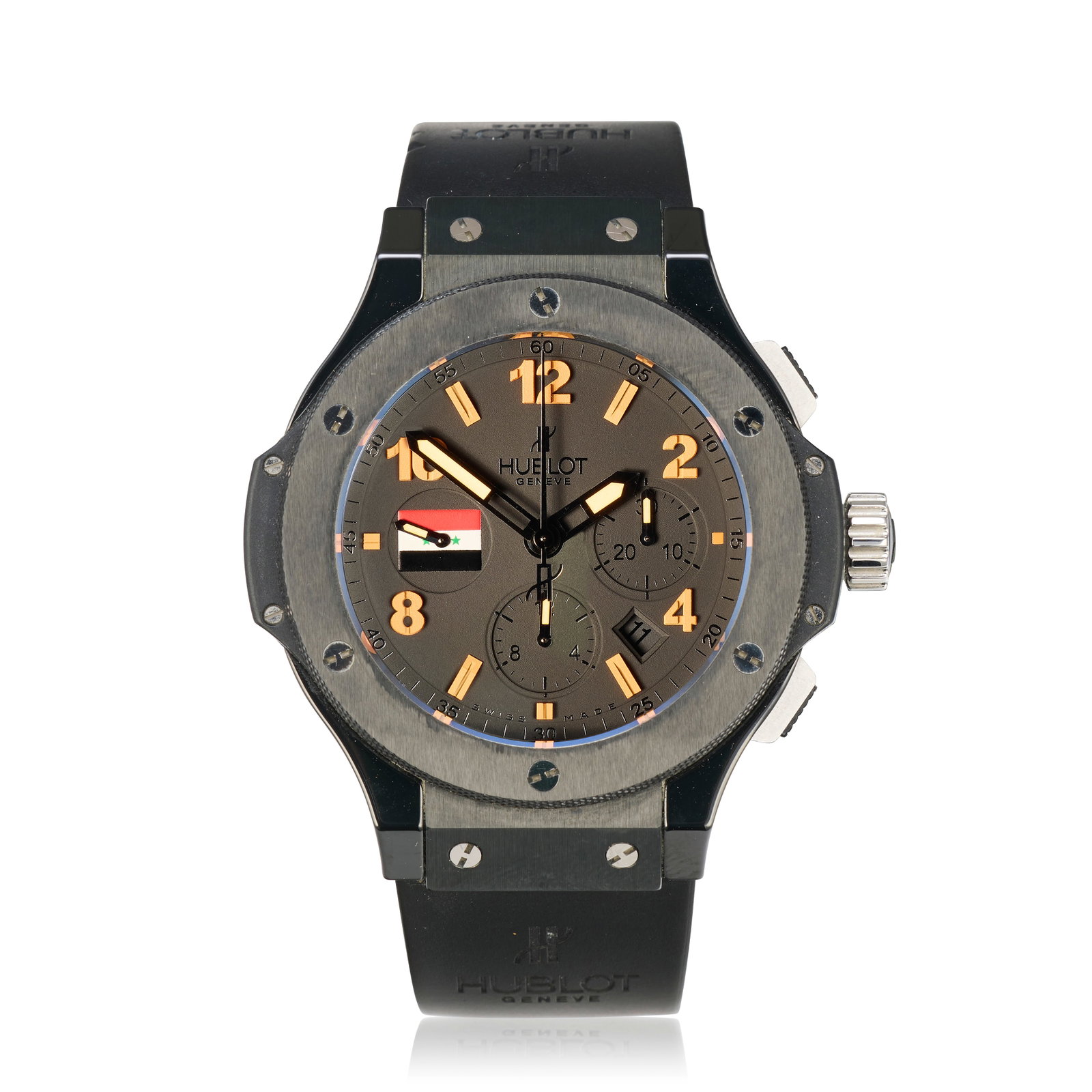 Hublot. A Limited Edition black ceramic and titanium automatic calendar chronograph wristwatch ...: Hublot. A Limited Edition black ceramic and titanium automatic calendar chronograph wristwatch Model: Big Bang Reference: 301.CX.134.RX.SYR07, No.15/50 Date: Circa 2010 Movement: 27-jewel automatic Di