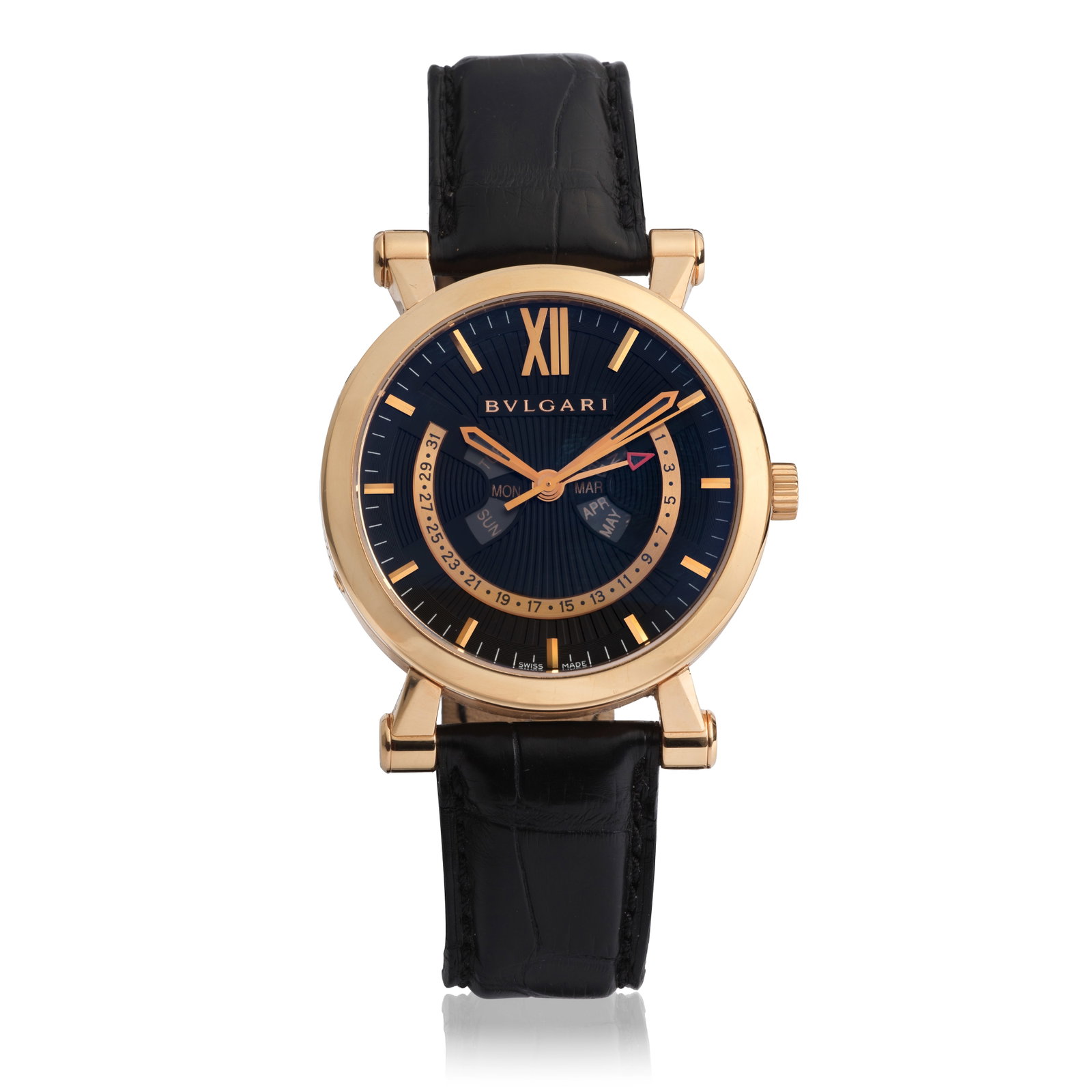 Bulgari. A fine Limited Edition 18K rose gold automatic annual calendar wristwatch with retrogra...: Bulgari. A fine Limited Edition 18K rose gold automatic annual calendar wristwatch with retrograde date Model: Sotirio Bulgari Reference: SB P 42 G AC, No.137/250 Date: Purchased 20th January 2012 Mov