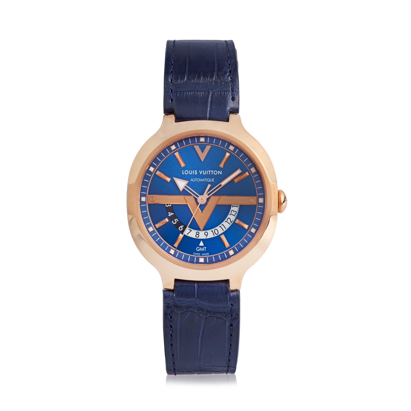 Louis Vuitton. An 18K rose gold automatic GMT wristwatch Voyager GMT, Ref: Q7E30, Purchased 17t...: Louis Vuitton. An 18K rose gold automatic GMT wristwatch Model: Voyager GMT Reference: Q7E30 Date: Purchased 17th June 2016 Movement: 21-jewel Cal.2893-2 automatic Dial: Dark blue sunburst, applied gi