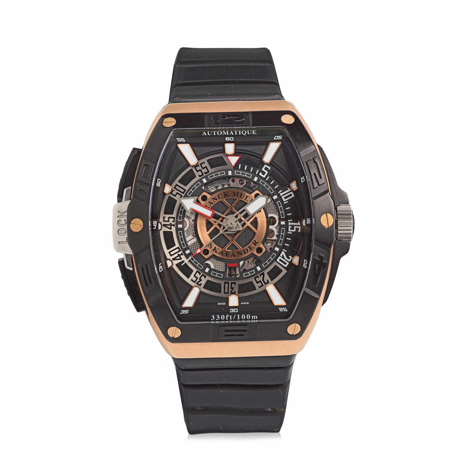 Franck Muller. A Limited Edition 18K gold and blackened titanium automatic calendar wristwatch ...: Franck Muller. A Limited Edition 18K gold and blackened titanium automatic calendar wristwatch Model: Skafander Reference: SKF 46 DV SC DT 5NBR ACNR (AC) Date: Purchased 11th May 2023 Movement: Jewell