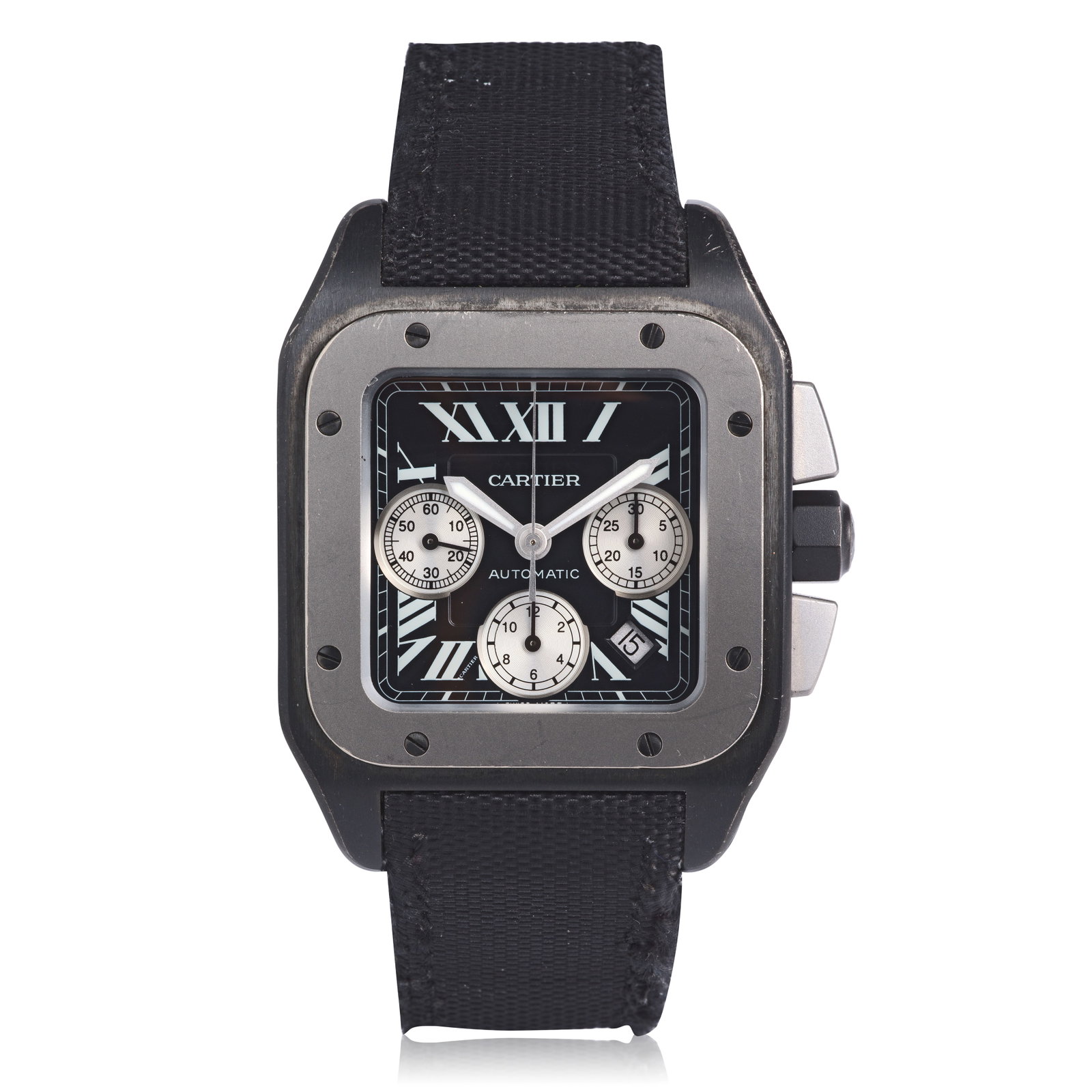 Cartier. A black titanium and stainless steel automatic calendar chronograph wristwatch Santos ...: Cartier. A black titanium and stainless steel automatic calendar chronograph wristwatch Model: Santos 100 Reference: 3104 Date: Circa 2010 Movement: 27-jewel Cal.8630 automatic, No.5164MD Dial: Black,