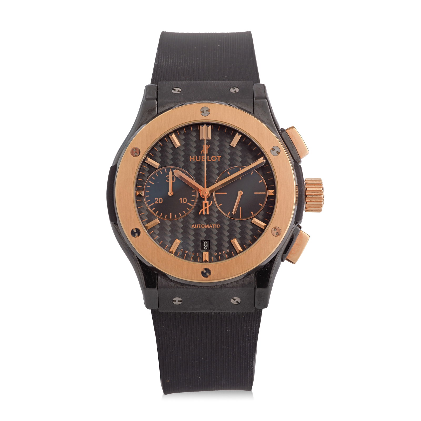 Hublot. A black ceramic, titanium and rose gold automatic calendar chronograph wristwatch Class...: Hublot. A black ceramic, titanium and rose gold automatic calendar chronograph wristwatch Model: Classic Fusion Reference: 521.C0.1781.RX Date: Purchased 7th July 2016 Movement: Jewelled automatic Dia