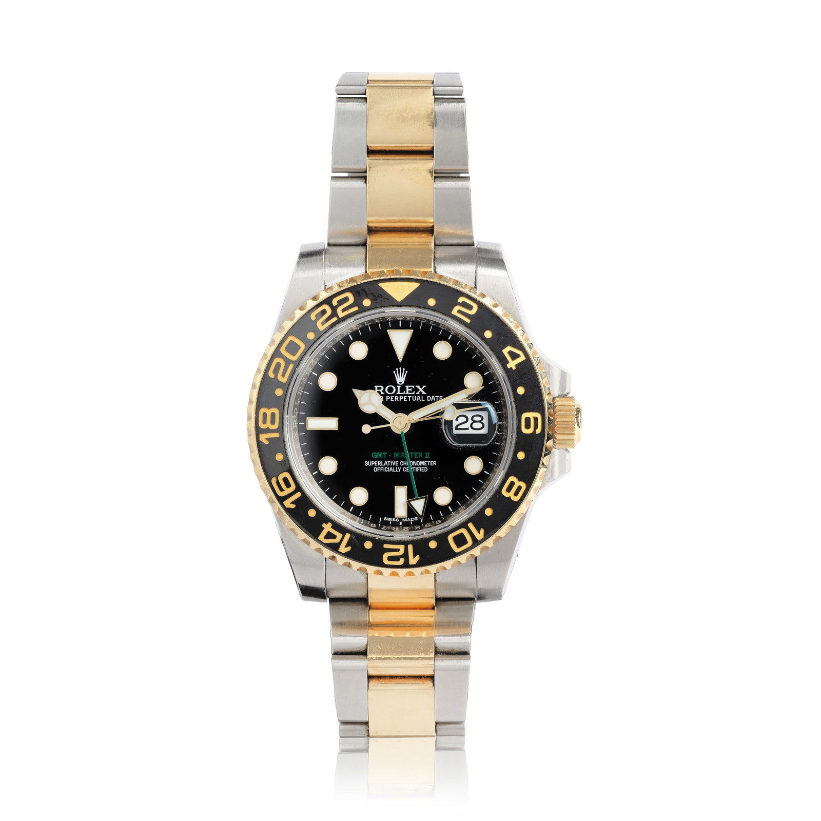 Rolex. A stainless steel and gold automatic calendar bracelet watch with dual time zone GMT-Mas...: Rolex. A stainless steel and gold automatic calendar bracelet watch with dual time zone Model: GMT-Master II Reference: 116713 Date: Purchased 26th September 2016 Movement: 31-jewel Cal.3186 automatic