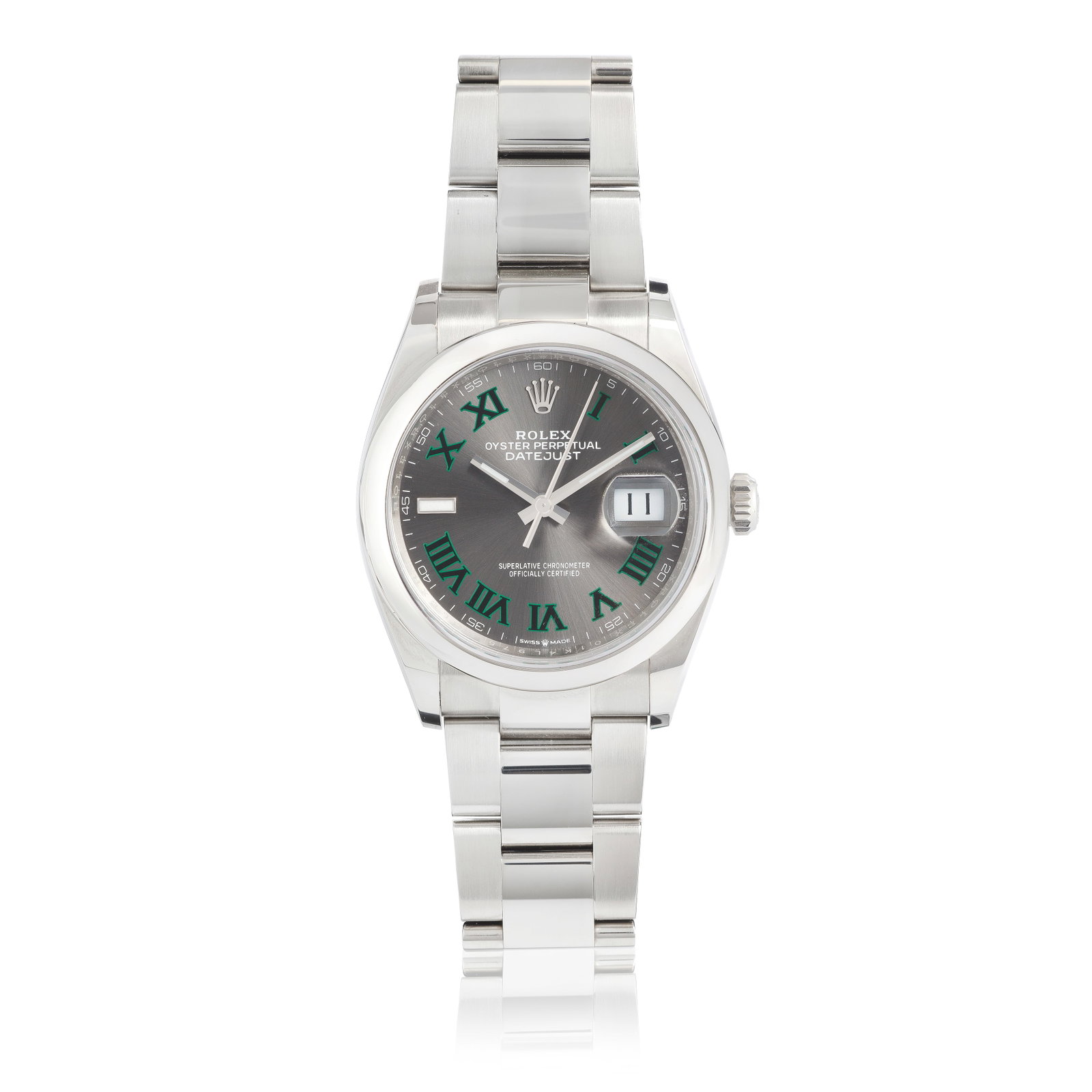 Rolex. A stainless steel automatic calendar bracelet watch Datejust 36 Wimbledon, Ref: M126200-0...: Rolex. A stainless steel automatic calendar bracelet watch Model: Datejust 36 Wimbledon Reference: M126200-0018 Date: Purchased 22nd December 2021 Movement: 31-jewel Cal.3235 automatic Dial: Slate, Wi