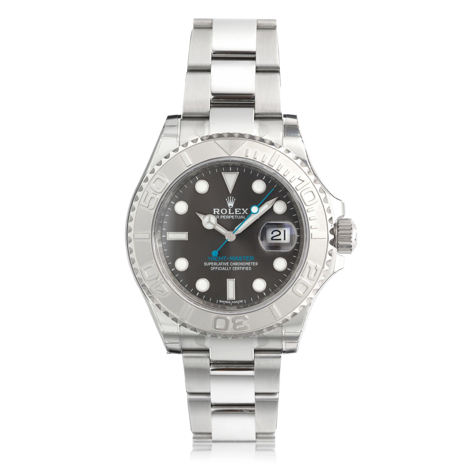 Rolex. A stainless steel and platinum automatic calendar bracelet watch Yacht-Master, Ref: M1166...: Rolex. A stainless steel and platinum automatic calendar bracelet watch Model: Yacht-Master Reference: M116622 Date: Purchased 18th July 2019 Movement: 31-jewel Cal.3135 automatic, adjusted to 5 posit