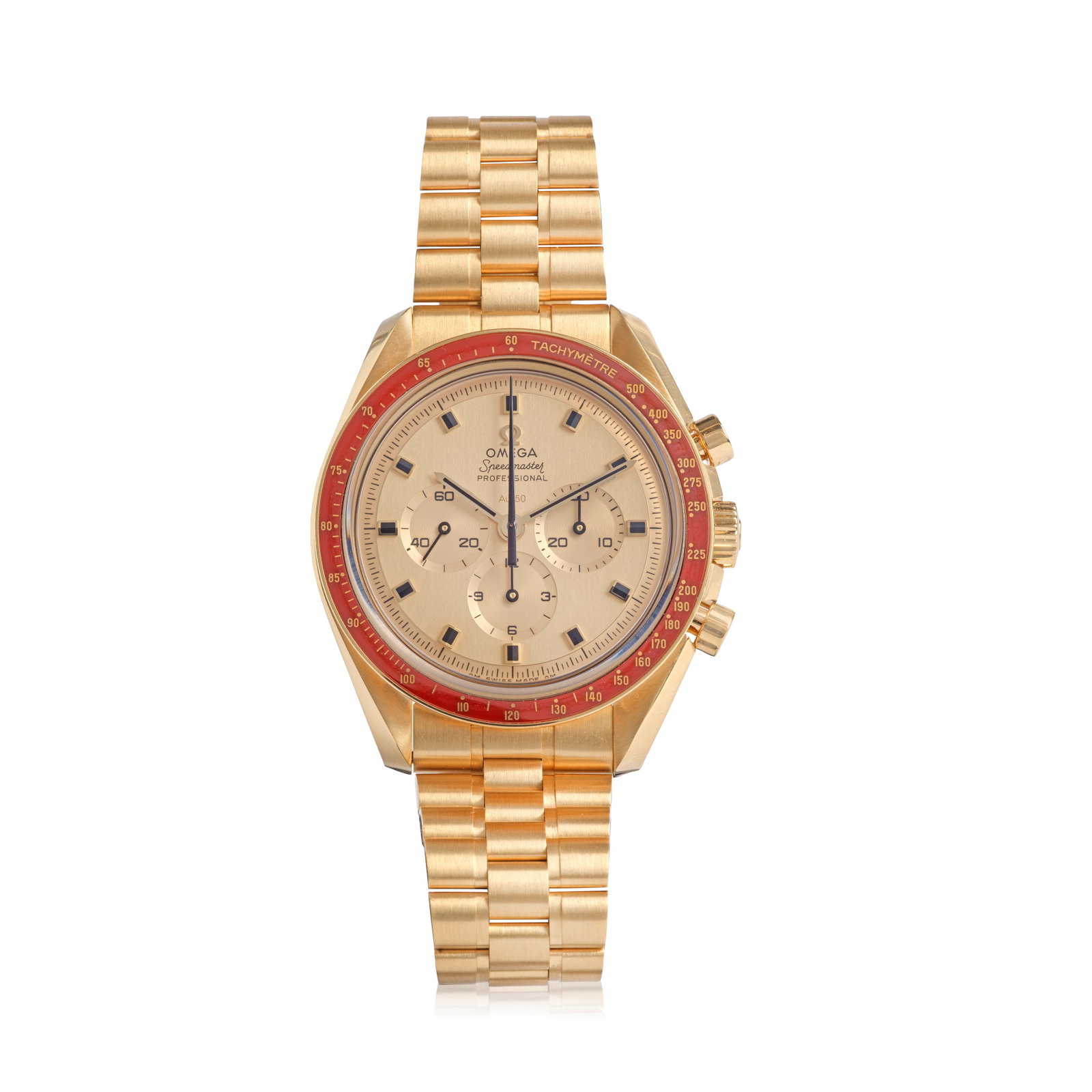 Omega. A Limited Edition 18K gold manual wind chronograph bracelet watch Speedmaster Apollo XI ...: Omega. A Limited Edition 18K gold manual wind chronograph bracelet watch Model: Speedmaster Apollo XI 50th Anniversary Moonshine Reference: 310.60.42.50.99.001, No.645/1014 Date: Purchased 9th Septemb