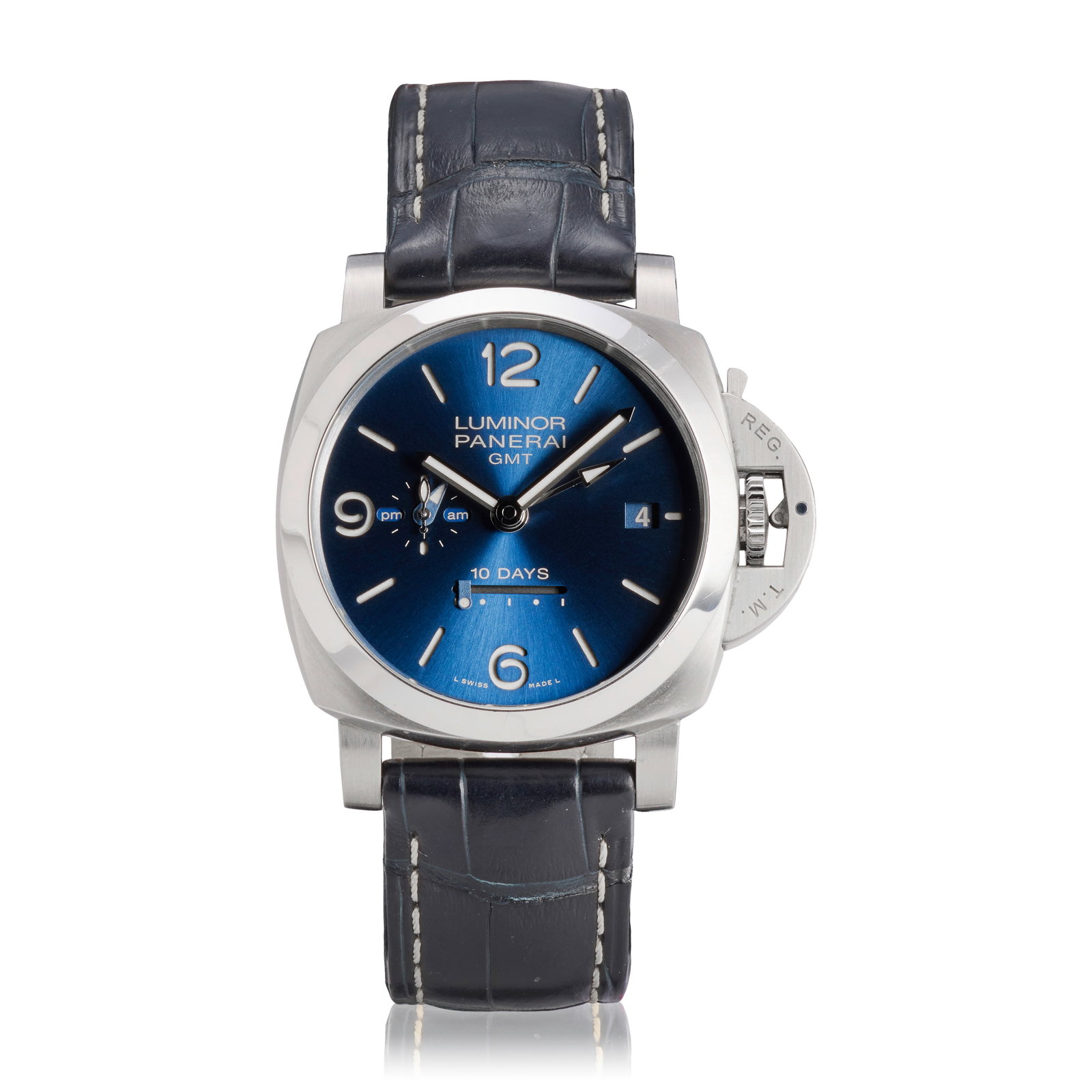 Panerai. A Limited Edition stainless steel automatic calendar wristwatch with dual time zone, 10...: Panerai. A Limited Edition stainless steel automatic calendar wristwatch with dual time zone, 10 day power reserve and AM/PM indication Model: Luminor GMT Reference: PAM00986, No.W233/300 Date: Purcha