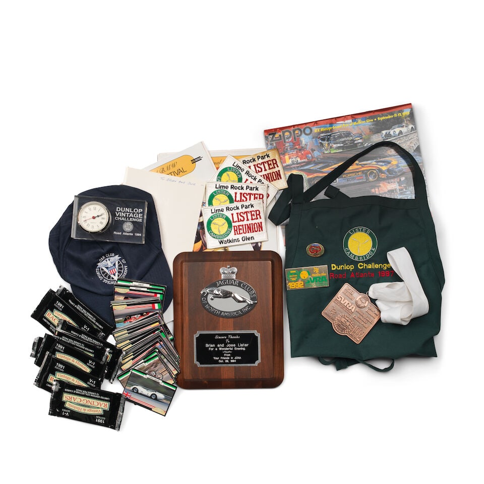 Souvenirs and mementos obtained by Brian Lister at American motoring events, 1990s, From the Br...: Souvenirs and mementos obtained by Brian Lister at American motoring events, 1990s, From the Brian Lister Collection including a 29th October 1994 Jaguar Clubs of North America wooden plaque with embl