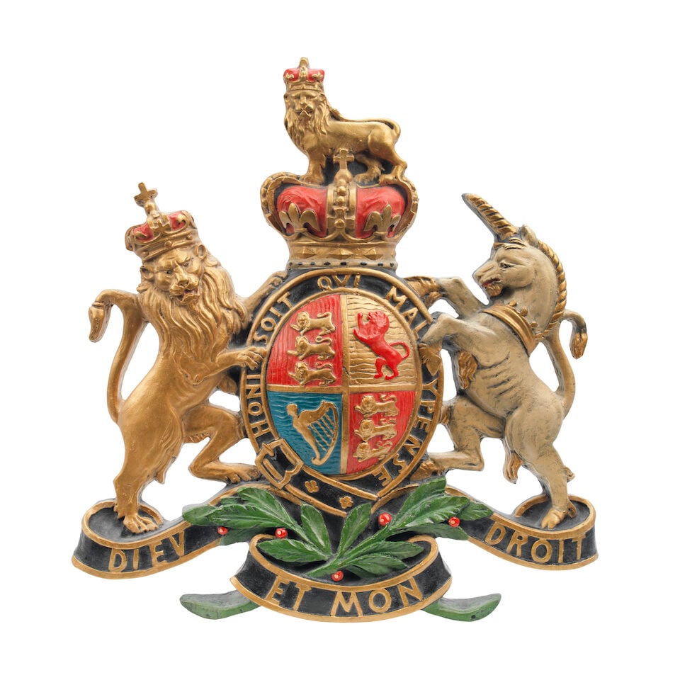 A hand-painted 'Royal Endorsement Coat of Arms' garage display emblem, (1 of 1)