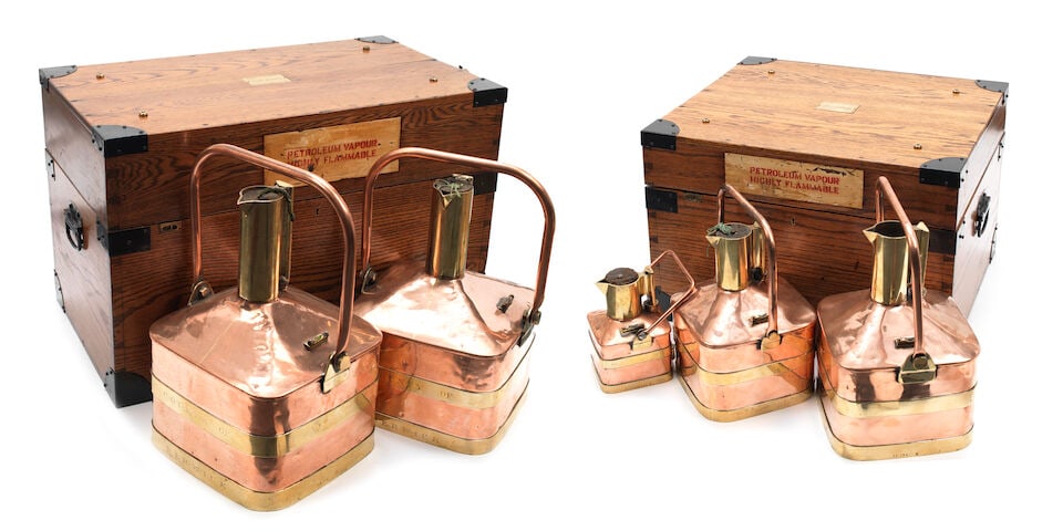 Five De Grave Short & Co Ltd petrol measures for County of Berwick in two original wooden crates... (1 of 2)