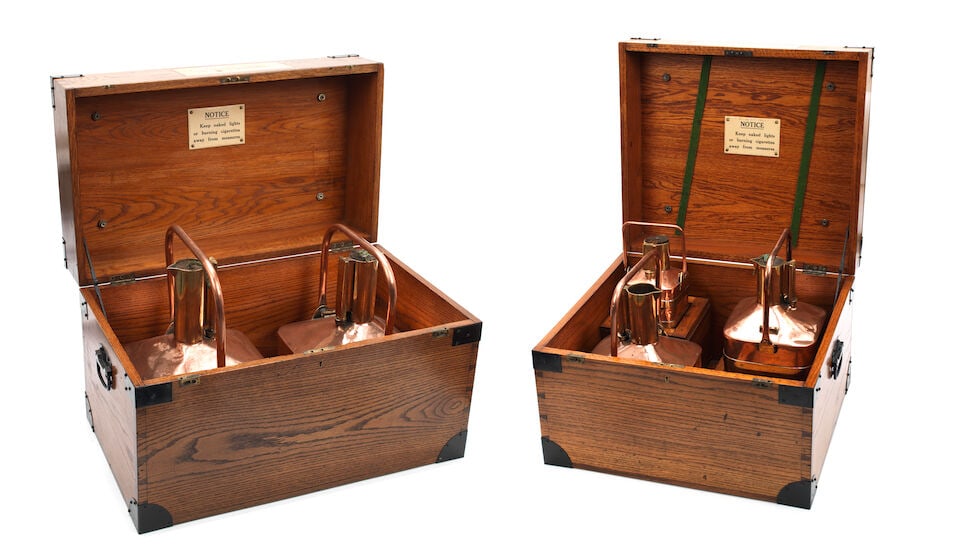 Five De Grave Short & Co Ltd petrol measures for County of Berwick in two original wooden crates... - 2