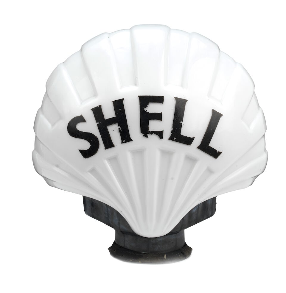 A 'fat' Shell glass petrol pump globe by Chance Brothers of Smethwick,: A 'fat' Shell glass petrol pump globe by Chance Brothers of Smethwick, with painted black fins and neck, numbered G7, lettered in black (some wear and loss to lettering), 51cm high, (some chips and lo