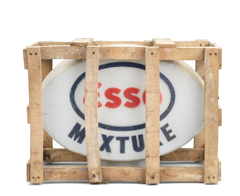 An Esso Mixture glass petrol pump globe in original wooden crate, (1 of 1)