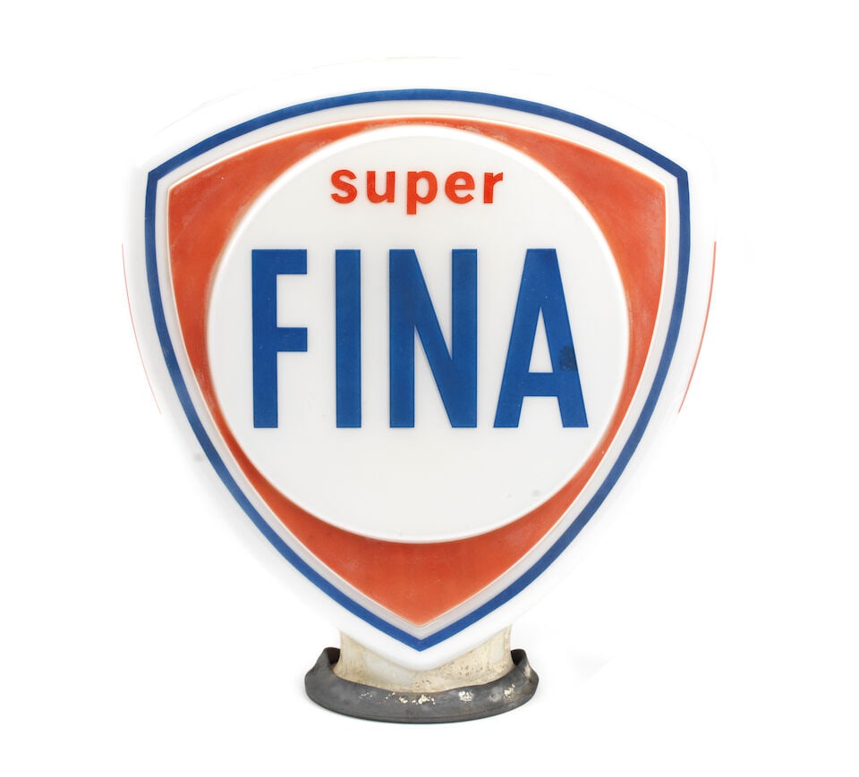 A Super Fina glass petrol pump globe by Hailware,: A Super Fina glass petrol pump globe by Hailware, shield-shaped, lettered and decorated in red and blue (some weathering and fading), 48cm high, (neck over-painted white, faded and flaking, base of ne