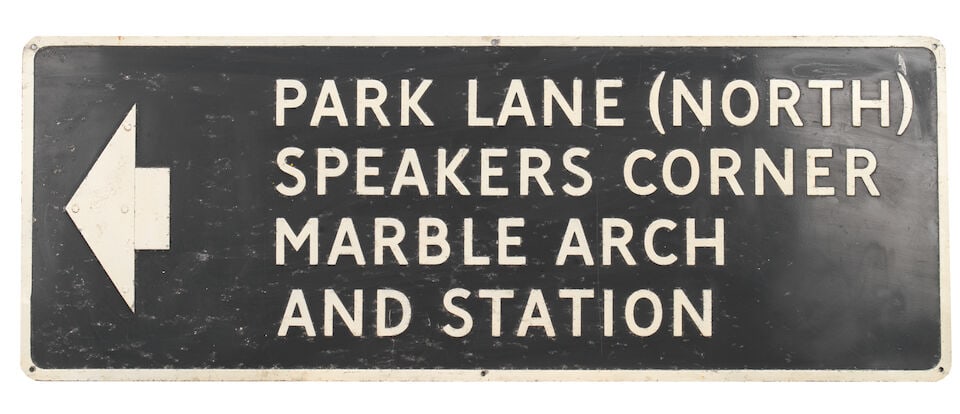 A Park Lane North directional sign, ((3)): A Park Lane North directional sign, single-sided, embossed alloy, painted black with white lettering for London landmarks, 38 x 103cm, some weathering; together with a later re-cast Crossing No Gates