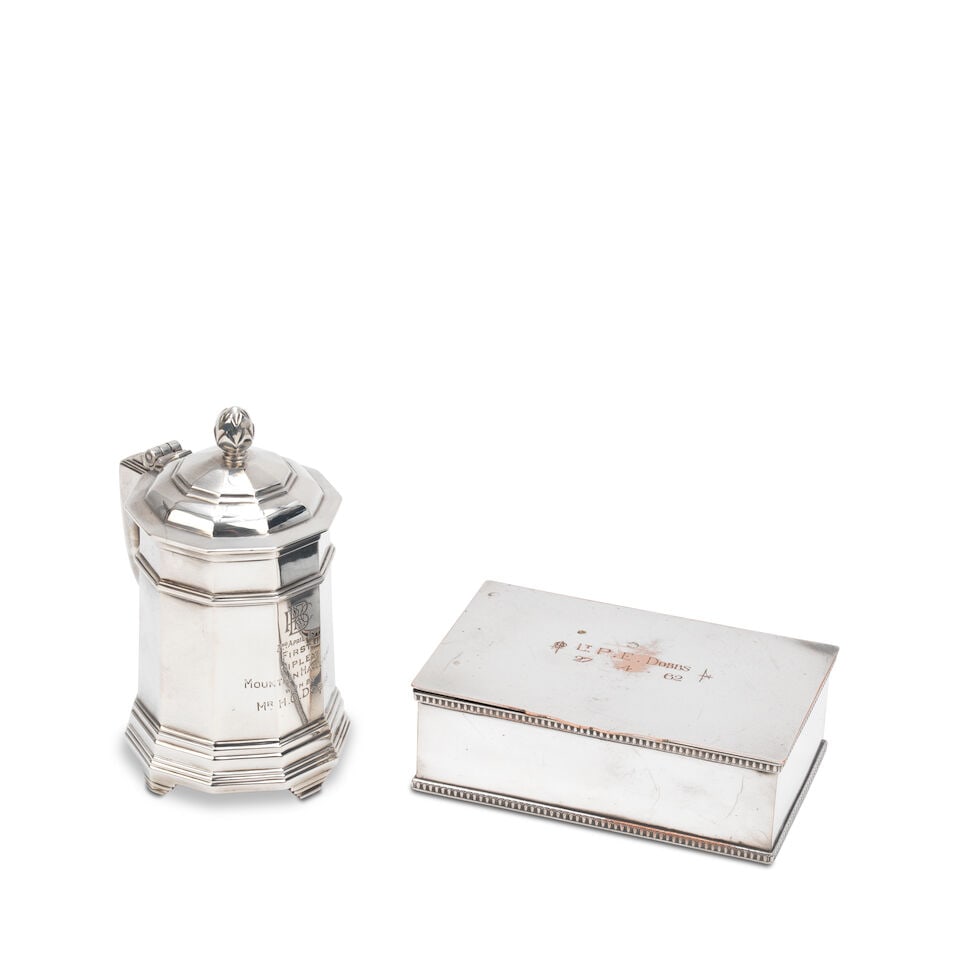 A BARC Brooklands 1934 First Ripley Mountain Handicap winner's trophy, by Elkington & Co Ltd, Ha...: A BARC Brooklands 1934 First Ripley Mountain Handicap winner's trophy, by Elkington & Co Ltd, Hallmarked Birmingham 1933, small lidded tankard engraved with BARC monogram '2 April 1934, First Ripley M
