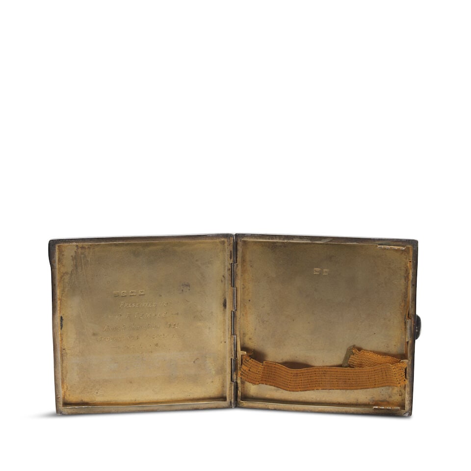 A silver cigarette case presented to British Champion C F Temple, 1921, (1 of 2)