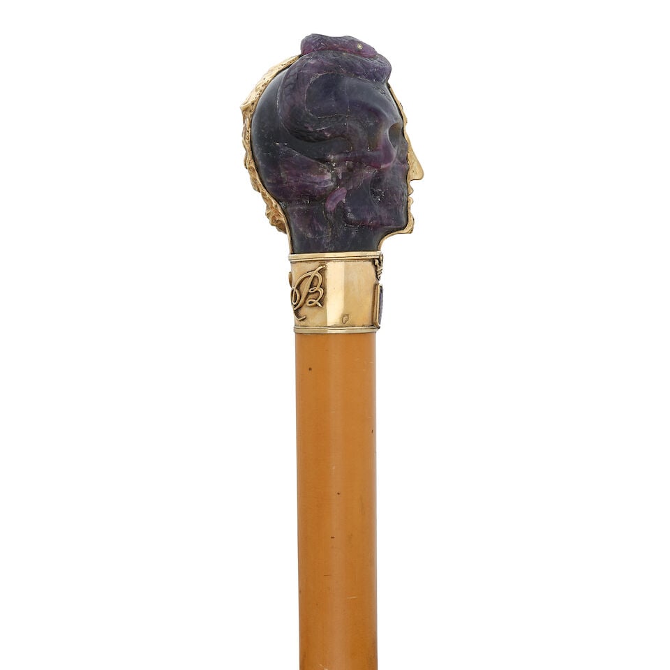 A CONTINENTAL 9K GOLD OVERLAID AMETHYST MEMENTO MORI CANEPossibly Italian - 4