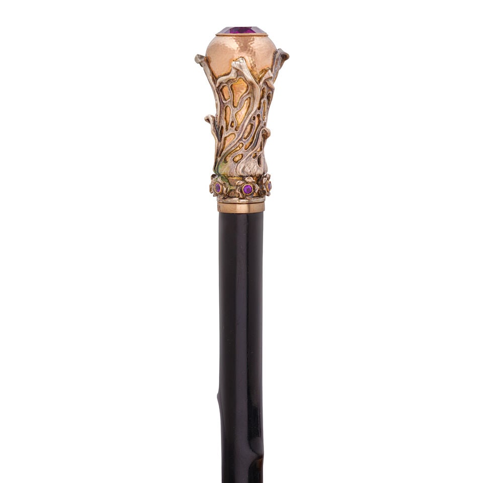A FRENCH AMETHYST INSET 12K ROSE GOLD AND 800 STANDARD SILVER ART NOUVEAU FLOWER BUD CANEMarked ... - 2
