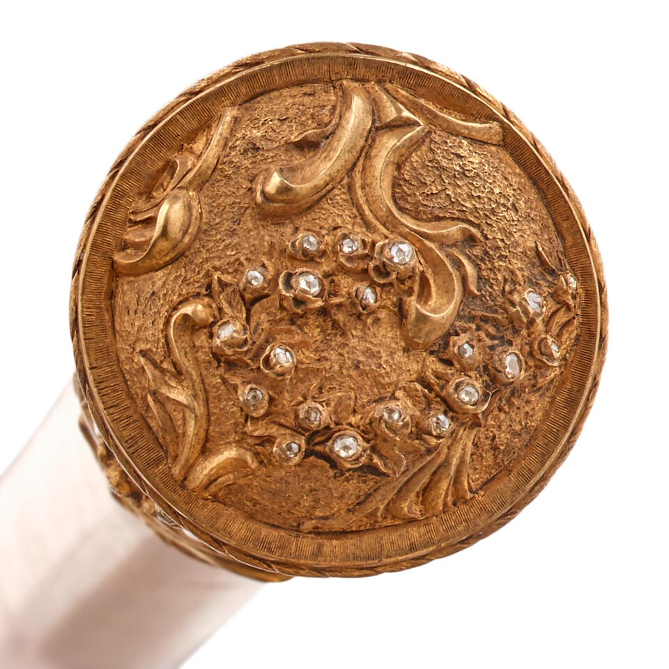 A FRENCH NEOCLASSICAL STYLE DIAMOND INSET 900 STANDARD SILVER GILT OVERLAID GUILLOCHÉ CANEC... - 2