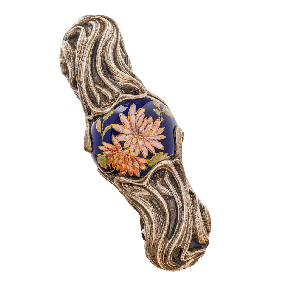 AN ITALIAN ART NOUVEAU CERAMIC, 900 STANDARD SILVER AND SILVER GILT ORB CANEWith mark for Galile... - 2