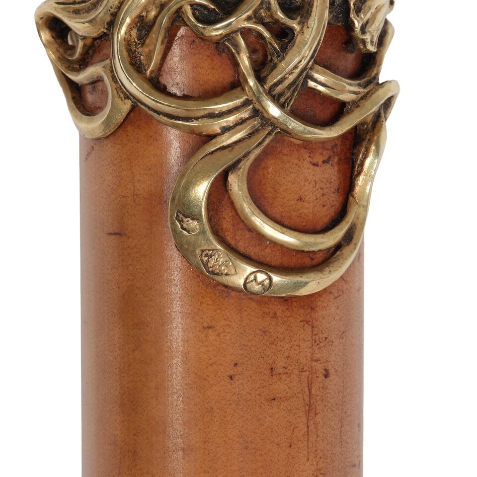 A FRENCH ART NOUVEAU MOONSTONE INSET PARCEL GILT 800 STANDARD SILVER AND COPPER ALLOY CRAB CANEM... - 2