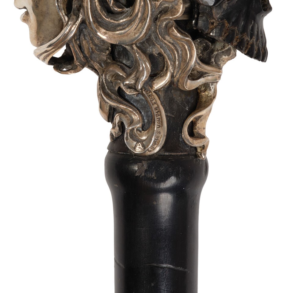 A BELGIAN 900 STANDARD SILVER AND CARVED BLACK COW HORN MEMENTO MORI TRAVELLING CANEMarked for C... - 2