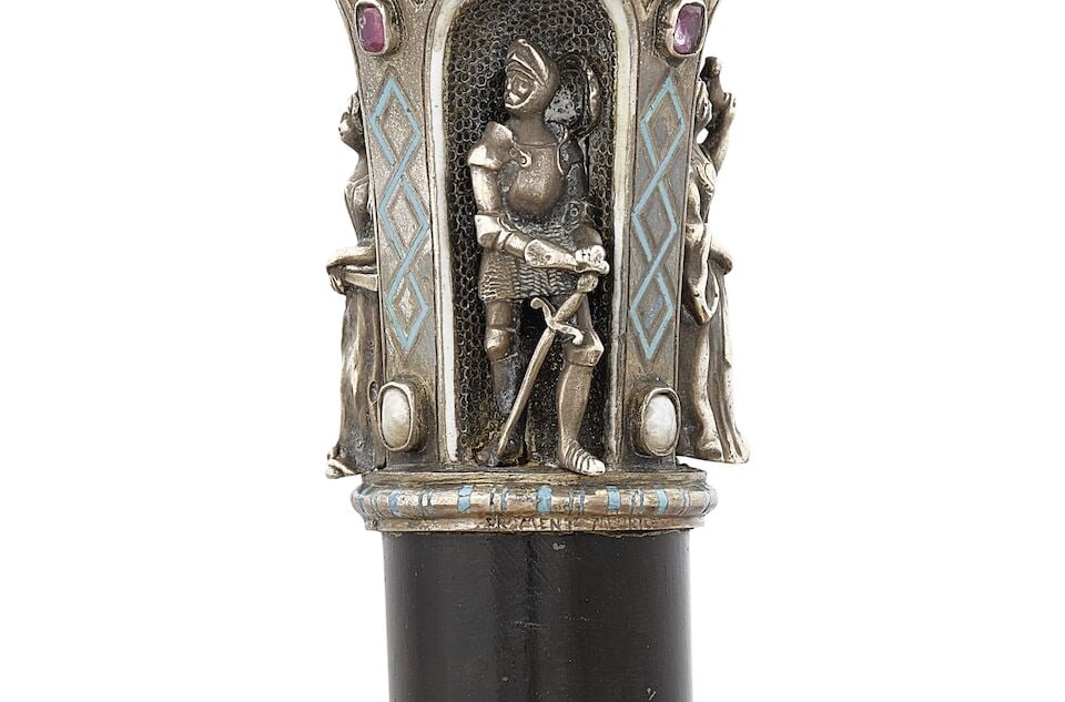 A FRENCH PEARL AND PINK SAPPHIRE INSET ENAMEL INLAID STERLING SILVER KNIGHTS AND MAIDENS CANEWit... - 2