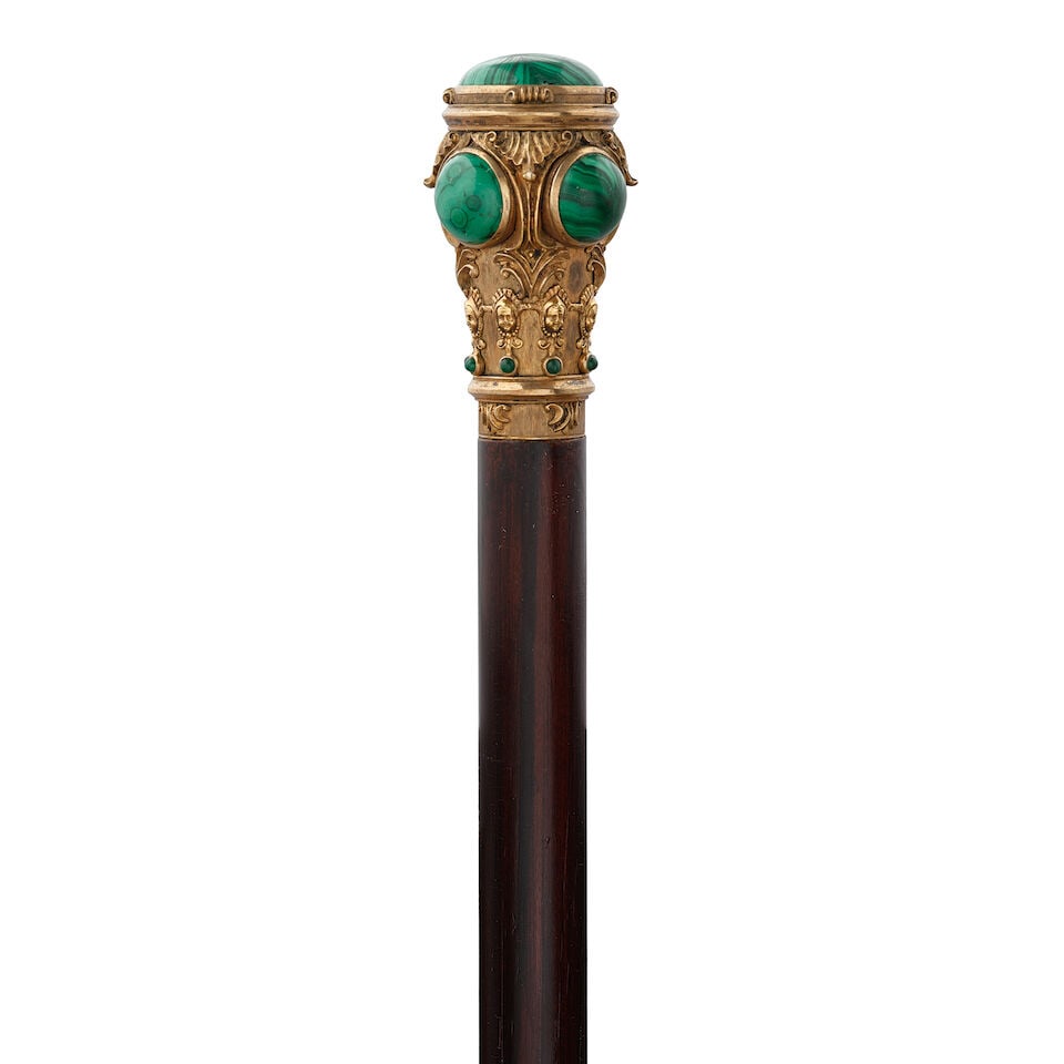 A RUSSIAN MODERNE MALACHITE INSET COPPER VERMEIL CANEWith mark for St. Petersburg, circa 1890-1900 - 4