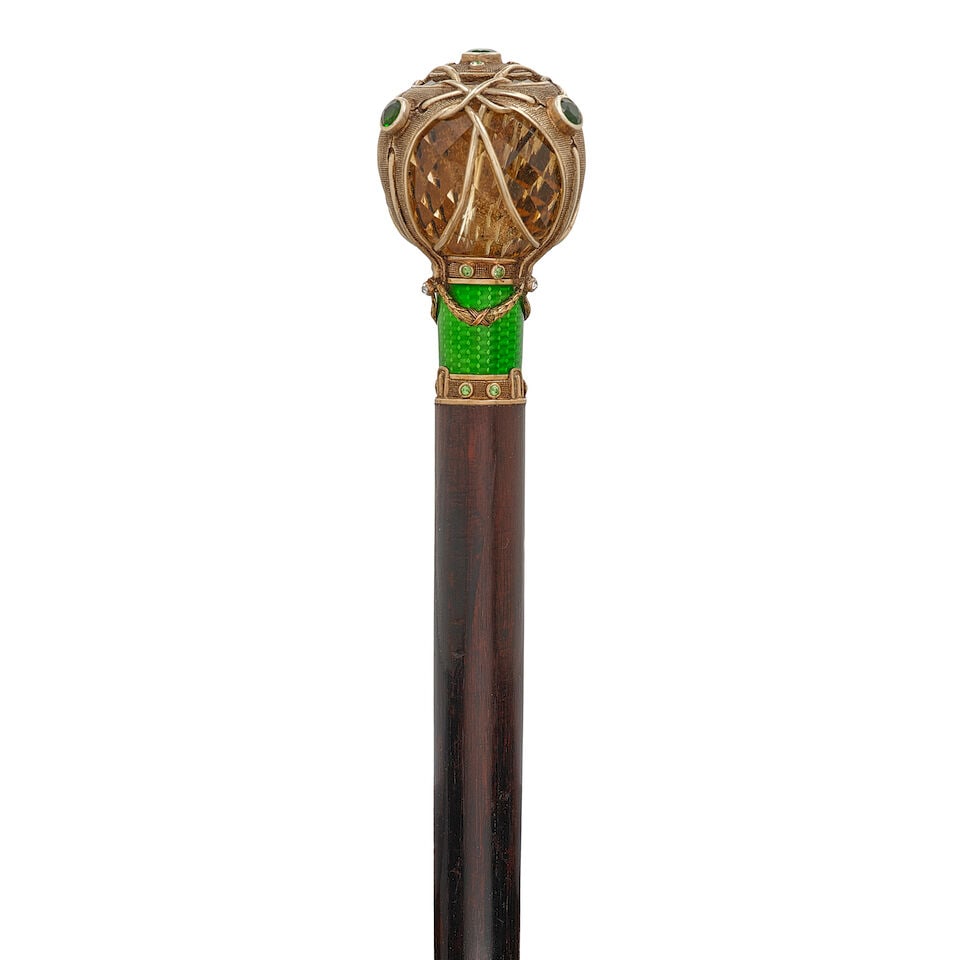 A FRENCH ART NOUVEAU EMERALD, DEMANTOID GARNETS, AND DIAMOND INLAID GOLD OVERLAID SMOKEY QUARTZ ... - 2