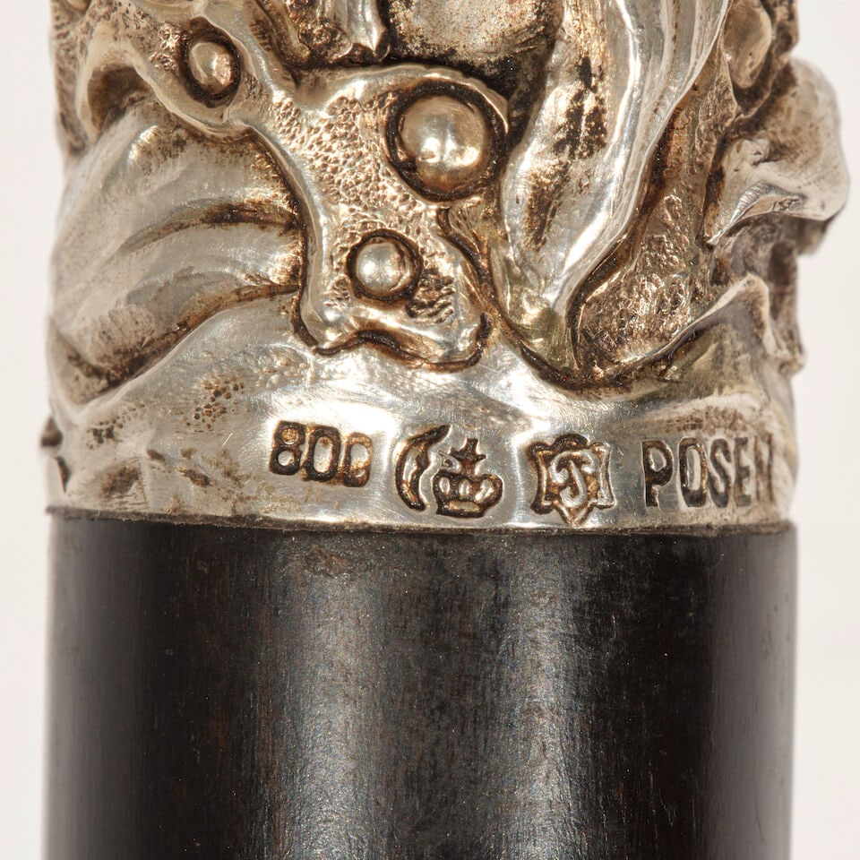 A GERMAN JUGENDSTIL 800 STANDARD SILVER AND SILVER GILT SIREN AND OCTOPUS CANEWith mark for Laza... - 2