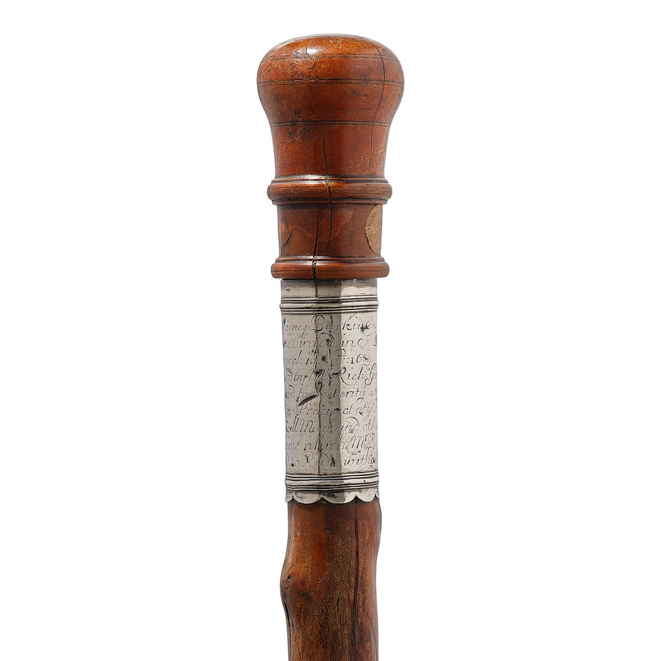 AN ENGLISH 900 STANDARD SILVER OVERLAID FRUITWOOD 'WAND OF OFFICE' CANE FOR JAMES BURKINUnmarked... - 2