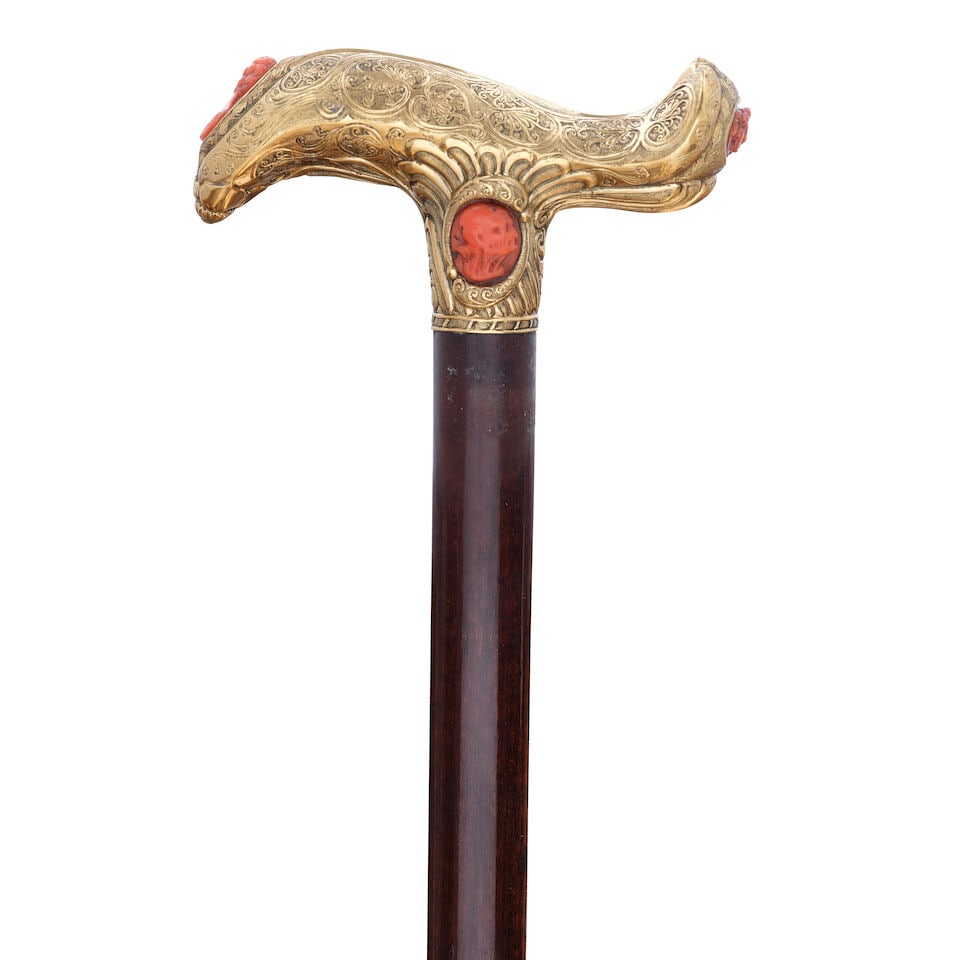 A CONTINENTAL CORAL INLAID 18K GOLD CAMEO CANEPossibly Italian, 19th century - 2